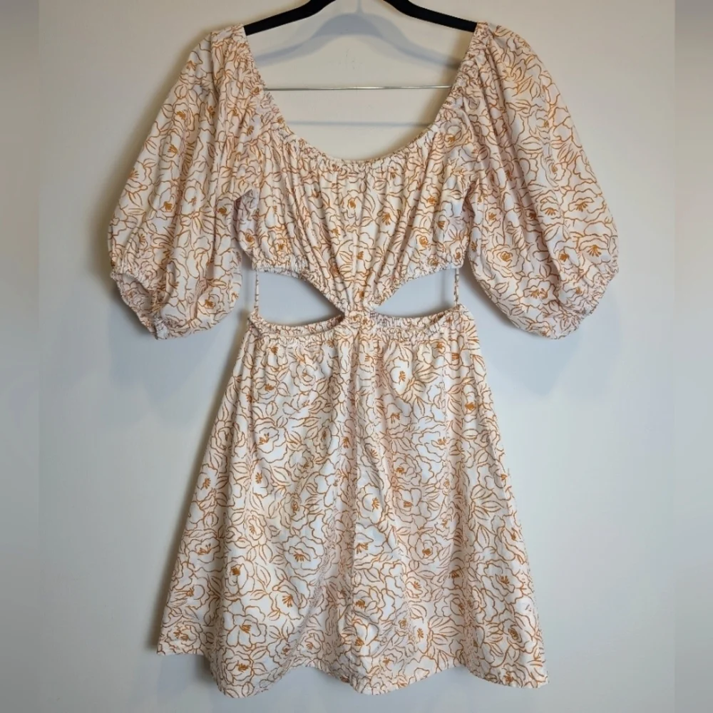 Faithfull The Brand Orange White Gabelli Mini Dress Puff Sleeves Size Large